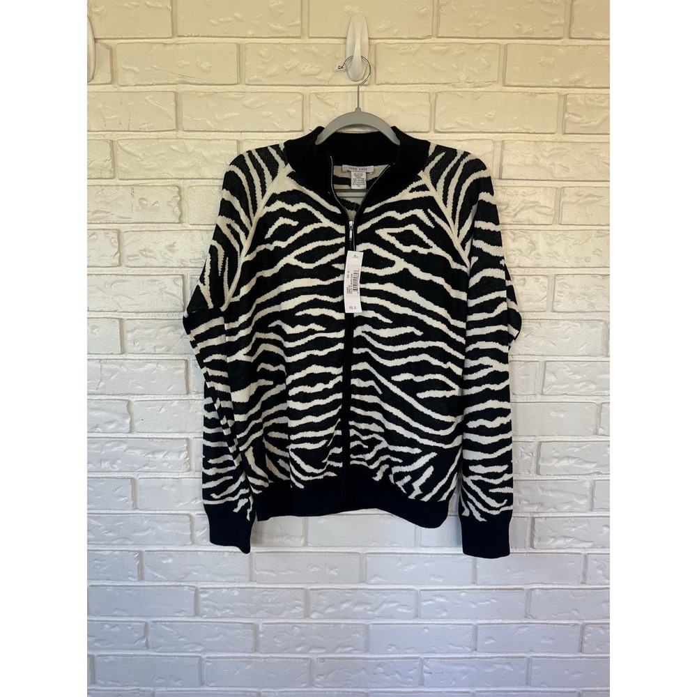 Joan Vass Zebra Stripe Zip Sweater XL – Wild Retro Knit Jacket Safari Chic